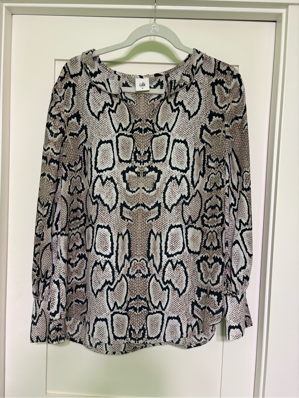 CAbi Serpentine Black and Cream Snake-Print V-Neck Long-Sleeve Blouse